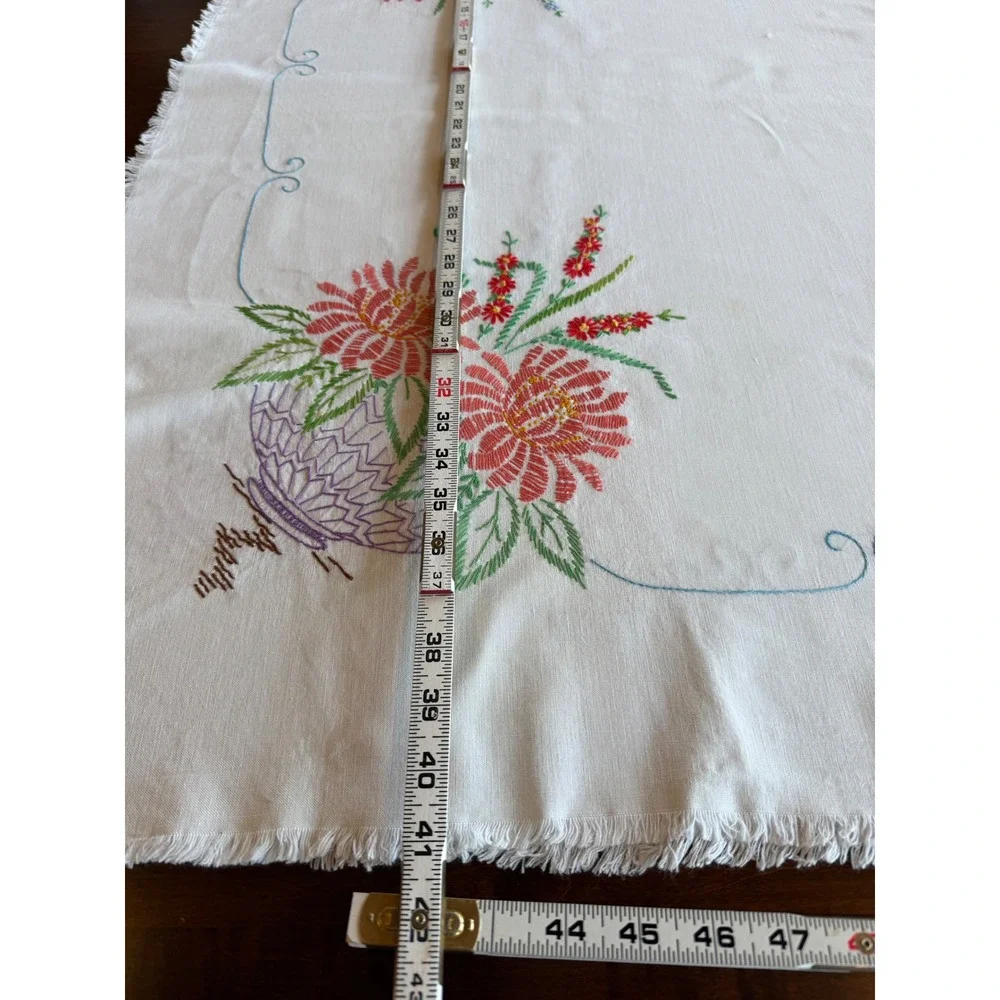 Vintage Embroidered Tablecloth Floral Baskets Fringed 42x50 Cottagecore Folk Art